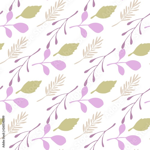 Abstract branches and leaves seamless pattern on white background.