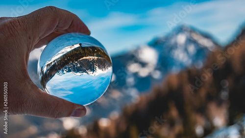Crystal ball alpine winter landscape shot at the Achensee-Pertisau-Tyrol-Austria
