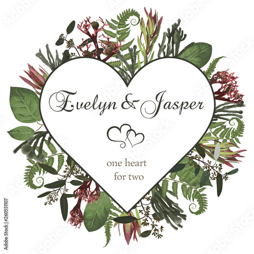 Plants, leaves, branches, brunia, blooming eucalyptus, leucadendron, gaultheria, salal, jatropha vector design frame.Valentines, watercolor seasonal flower card.Floral heart composition.Editable
