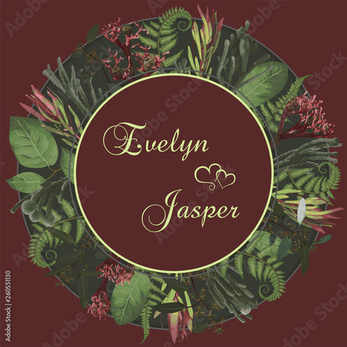 Plants, leaves, branches, brunia, blooming eucalyptus, leucadendron, gaultheria, salal, jatropha vector design frame.Wedding, watercolor seasonal flower card.Floral round composition.Editable