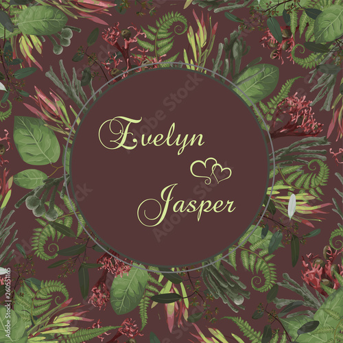 Plants, leaves, branches, brunia, blooming eucalyptus, leucadendron, gaultheria, salal, jatropha vector design frame.Wedding, watercolor seasonal flower card.Floral round composition.Editable