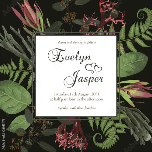 Plants, leaves, branches, brunia, blooming eucalyptus, leucadendron, gaultheria, salal, jatropha vector design frame.Wedding, watercolor seasonal flower card.Floral round composition.Editable