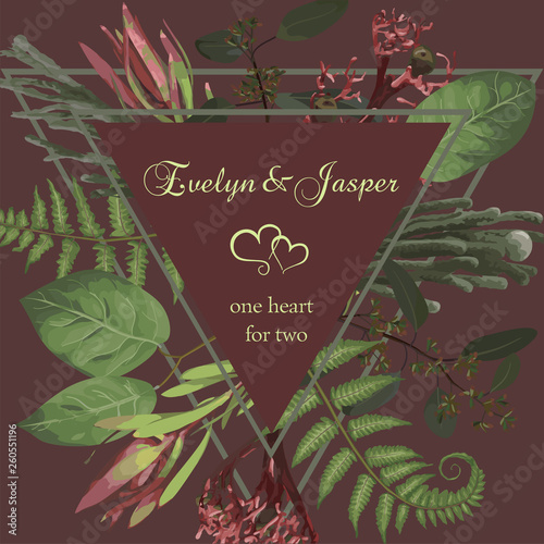 Plants, leaves, branches, brunia, blooming eucalyptus, leucadendron, gaultheria, salal, jatropha vector design frame.Wedding, watercolor seasonal flower card.Floral triangle composition.Editable