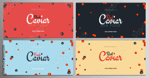 Set of Red and Black Caviar banners. Delicious seafood backgrounds. Caviar vector illustration. Natural and healthy luxury food. Design for fish menu. Vector Illustration.