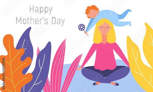 Mother s day cute illustration. Mother and son. Mother is meditating in a lotus pose with a cute naughty baby on her head. Beautiful mother s day  great design for any purposes. Vector illustration