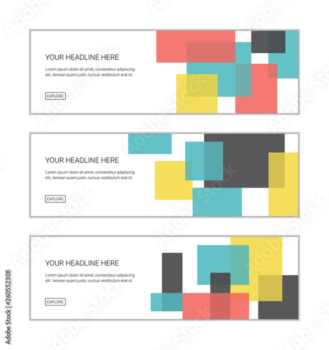 Web banner design template set consisting of abstract background patterns made with rectangle shapes in colorful composition. Modern and playful vector art.