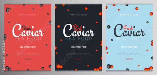 Set of Red and Black Caviar banners. Delicious seafood backgrounds. Caviar vector illustration. Natural and healthy luxury food. Design for fish menu. Vector Illustration.
