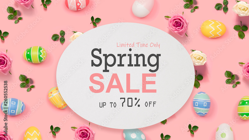 Spring sale message with Easter eggs on a pink background Spring sale message with Easter eggs on a pink background