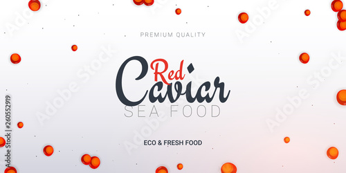 Red Caviar banner. Delicious seafood background. Caviar vector illustration. Natural and healthy luxury food. Design for fish menu. Vector Illustration.