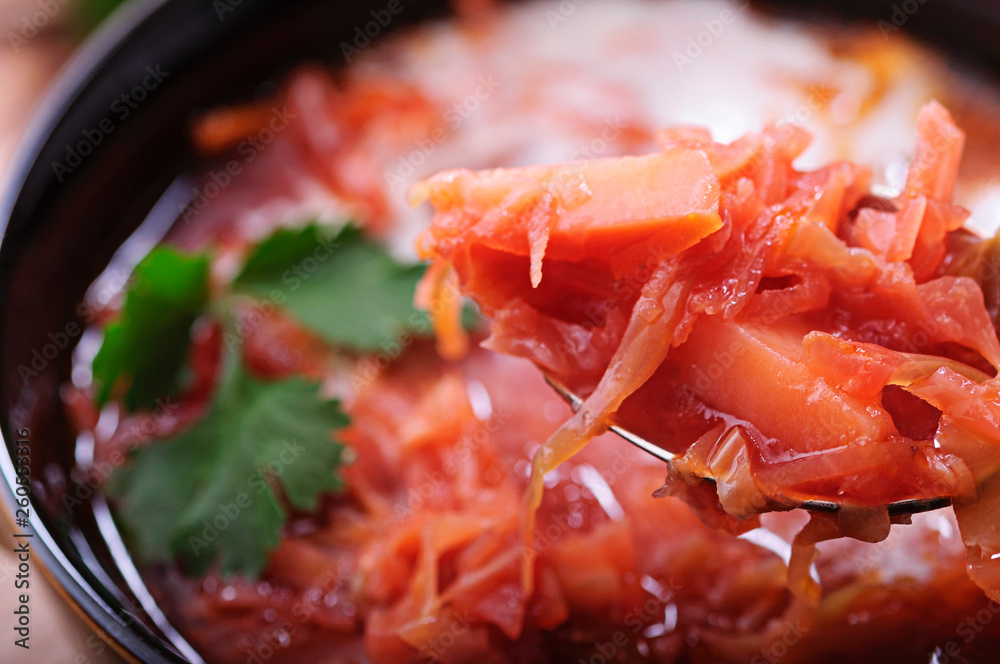 Aromatic soup with sour cream and black bread. Aromatic soup with sour cream and black bread.