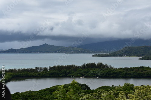 Mountainside View of Pacific Ocean in hawaii. Clouds rolling in as the jungle disperses into sea