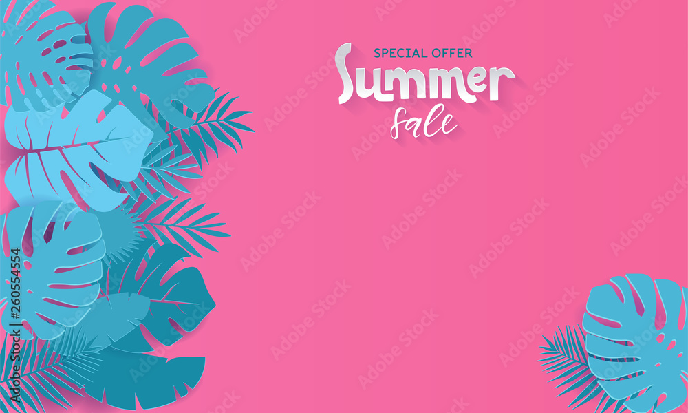 Horizontal summer sale banner with paper cut tropical leaves on pink background. Exotic floral design for banner, invitation, , web, greeting card with place for text. Papercut vector illustration
