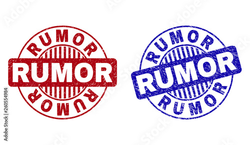 Grunge RUMOR round stamp seals isolated on a white background. Round seals with grunge texture in red and blue colors. Vector rubber imprint of RUMOR caption inside circle form with stripes.