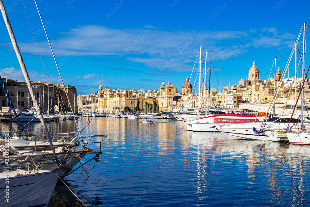 Senglea and Birgu waterfronts with boats and architecture in Malta