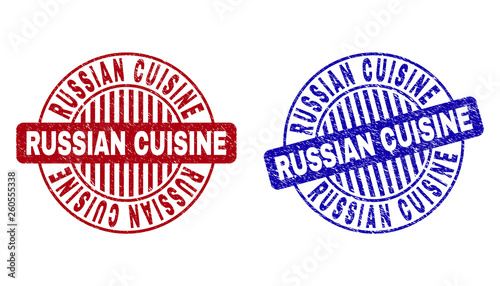 Grunge RUSSIAN CUISINE round stamp seals isolated on a white background. Round seals with grunge texture in red and blue colors.