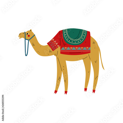 Camel with Saddle on the Back, Desert Animal, Symbol of Traditional Egyptian Culture Vector Illustration