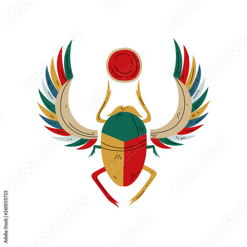 Sacred Scarab Egyptian Beetle, Symbol of Traditional Egyptian Culture Vector Illustration