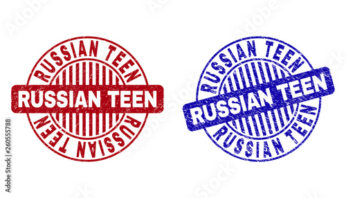Grunge RUSSIAN TEEN round stamp seals isolated on a white background. Round seals with grunge texture in red and blue colors. Vector rubber overlay of RUSSIAN TEEN tag inside circle form with stripes.