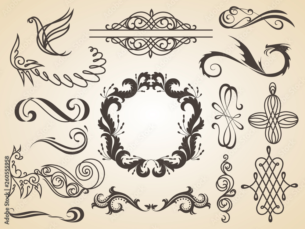 Vector set of calligraphic design elements page decoration, Satisfaction Guarantee Label, calligraphic frames.