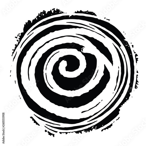 Vector grunge organic ink textured spiral . Abstract swirl motion brush stroke. Overlay artistic illustration. Grungy vintage effect. Aged distressed moving curve circle effect design. Uneven twirl.