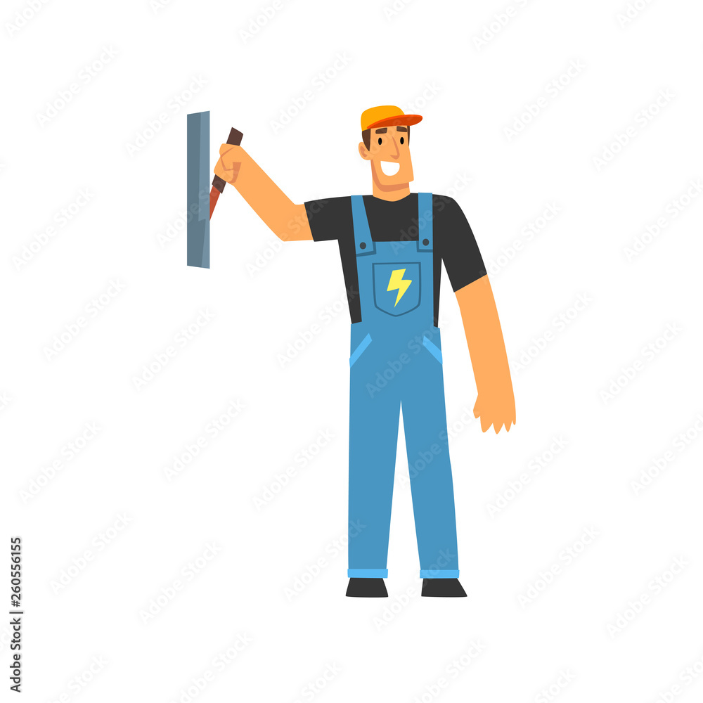 Professional Electrician with Power Switch, Electric Man Character in Blue Overalls at Work Vector Illustration