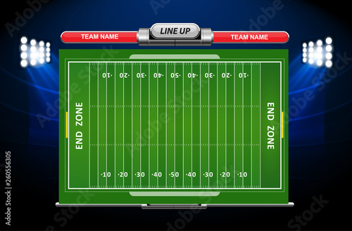 Vector of American football infographic elements on green field background.