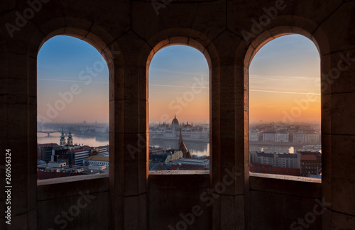 Budapest  Parliament view through Fishermans Bastion  Hungary