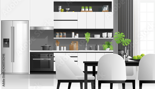 Interior background with modern black and white kitchen , vector , illustration
