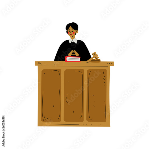 Female Judge Character Presiding over Court Proceeding in Courthouse Vector Illustration