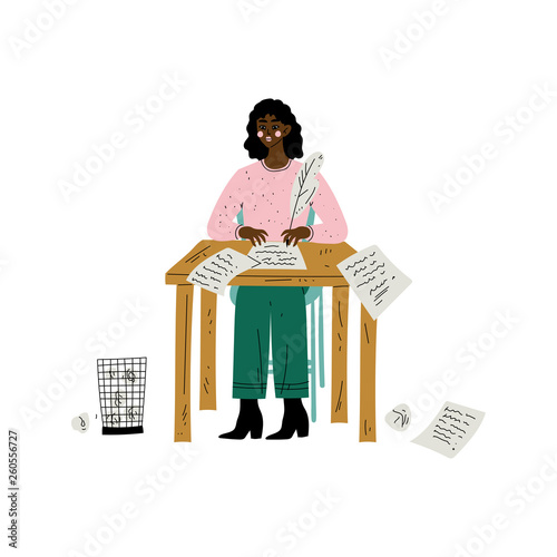 African American Female Writer or Poetess Character Sitting at Desk and Writing with Feather Pen Vector Illustration