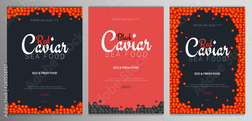Set of Red and Black Caviar banners. Delicious seafood backgrounds. Caviar vector illustration. Natural and healthy luxury food. Design for fish menu. Vector Illustration.