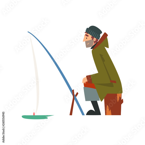 Fisherman Character Wearing Warm Clothing Sitting on Shore with Fishing Rod, Man Fishing on Frozen River Vector Illustration