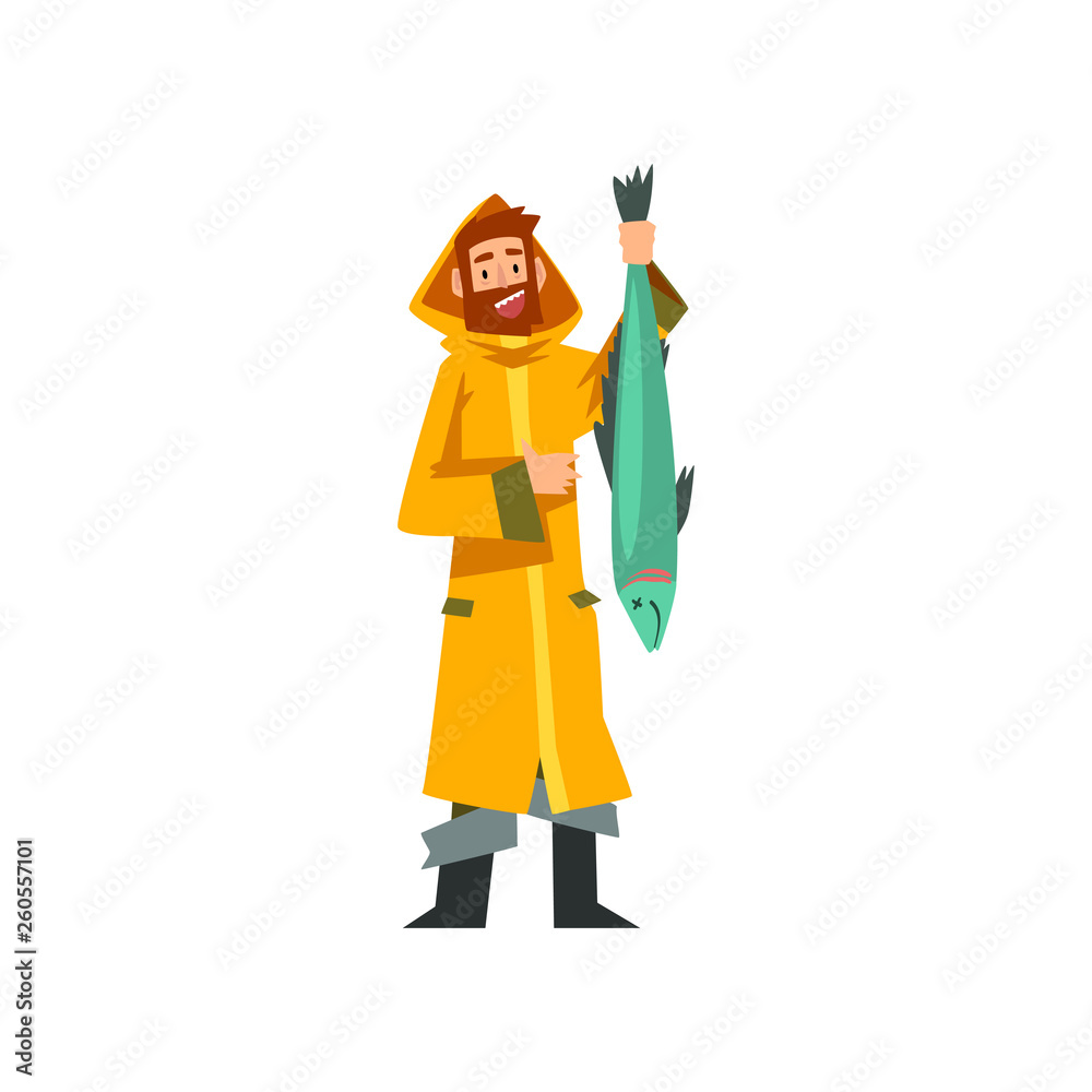 Fisherman Caught Big Fish, Fishman Character in Raincoat and Rubber Boots Vector Illustration