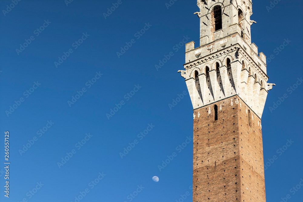 Obraz premium Siena's famous landmark tall bell tower on a solid blue sky