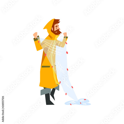 Fisherman with Net, Fishman Character in Raincoat and Rubber Boots Vector Illustration