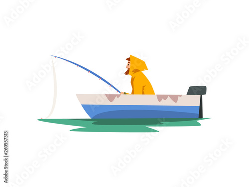 Fisherman Fishing with Rod in Motor Boat, Fishman Character in Raincoat and Rubber Boots Vector Illustration