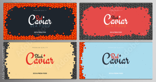 Set of Red and Black Caviar banners. Delicious seafood backgrounds. Caviar vector illustration. Natural and healthy luxury food. Design for fish menu. Vector Illustration.