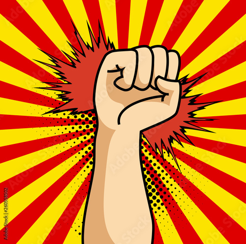 A pop art cartoon comics poster with fist and explosion bubble on comic background.