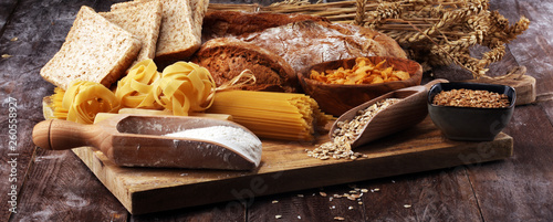whole grain products with complex carbohydrates on table