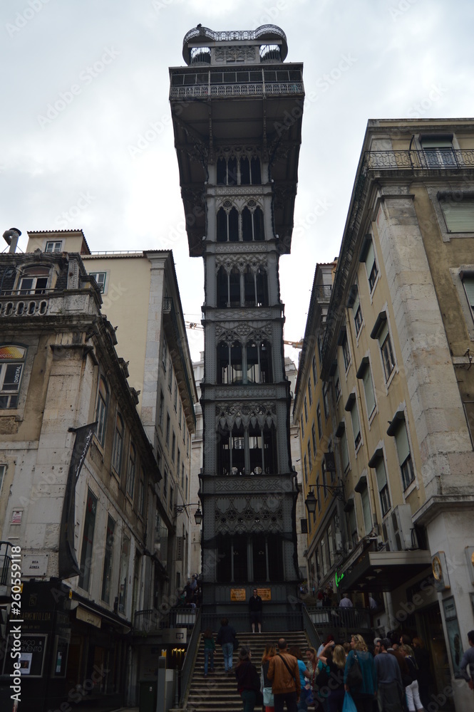 Santa Justa Elevator From Which You Can See Beautiful Views Built By Raoul Mesnier de Ponsard In 1902 Lisbon. Nature, Architecture, History, Street Photography. April 11, 2014. Lisbon, Portugal.