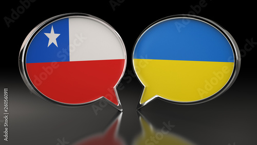 Chile and Ukraine flags with Speech Bubbles. 3D Illustration