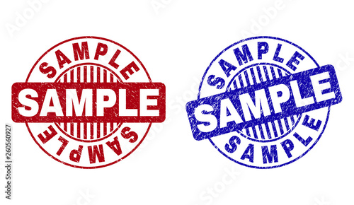 Grunge SAMPLE round stamp seals isolated on a white background. Round seals with grunge texture in red and blue colors. Vector rubber imitation of SAMPLE text inside circle form with stripes.
