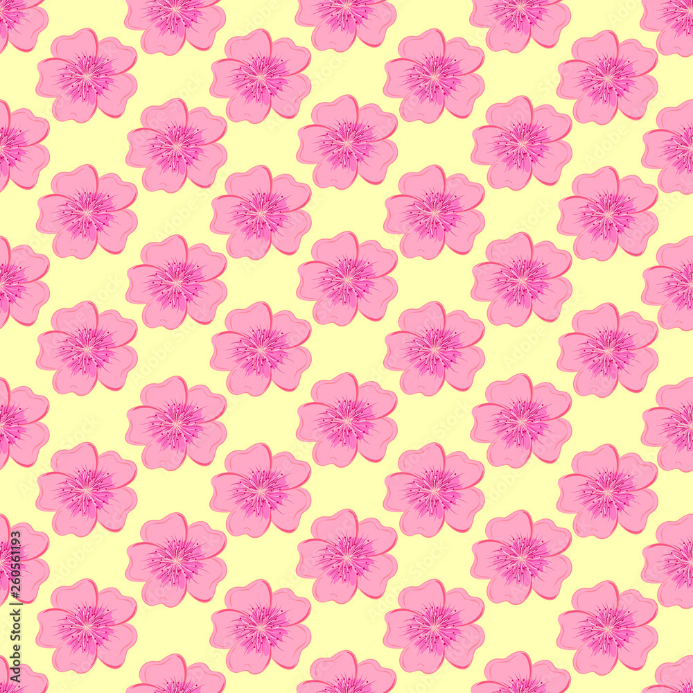 vector pattern. pink sakura inflorescences, beautiful flowers, yellow background with flowers