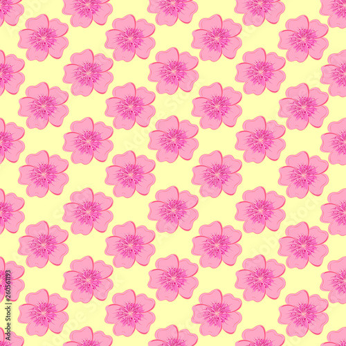 vector pattern. pink sakura inflorescences, beautiful flowers, yellow background with flowers
