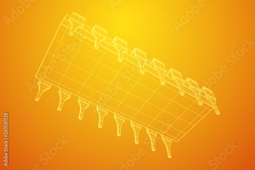 Microchip quantum processor, micro-processor with board electronic CPU wireframe low poly mesh vector illustration
