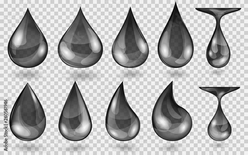 Set of translucent water drops in black colors in various shapes, isolated on transparent background. Transparency only in vector format