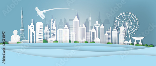 Panorama travel postcard japan of world famous landmarks of Japan,Paper art style.
