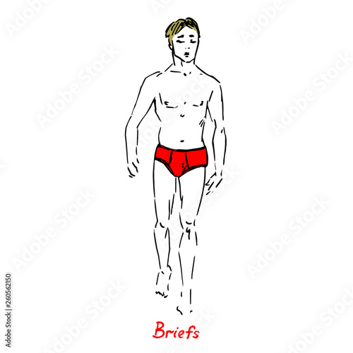 Portrait of sexy guy in briefs type of swimsuit with inscription, hand drawn outline doodle, sketch vector illustration