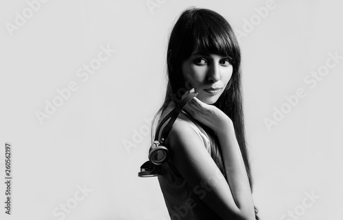 black white photo girl with industrial glasses