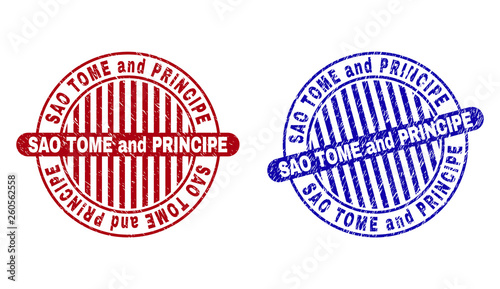 Grunge SAO TOME AND PRINCIPE round stamp seals isolated on a white background. Round seals with grunge texture in red and blue colors.